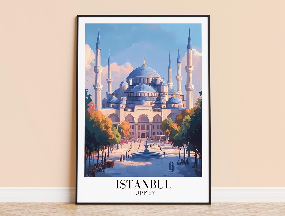 Istanbul Turkey Blue Mosque Grand Facade in Golden Light Travel Poster