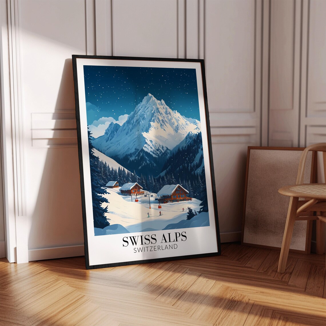 Swiss Alps Starry Night Ski Chalets Snowy Peak Travel Poster - Image 2
