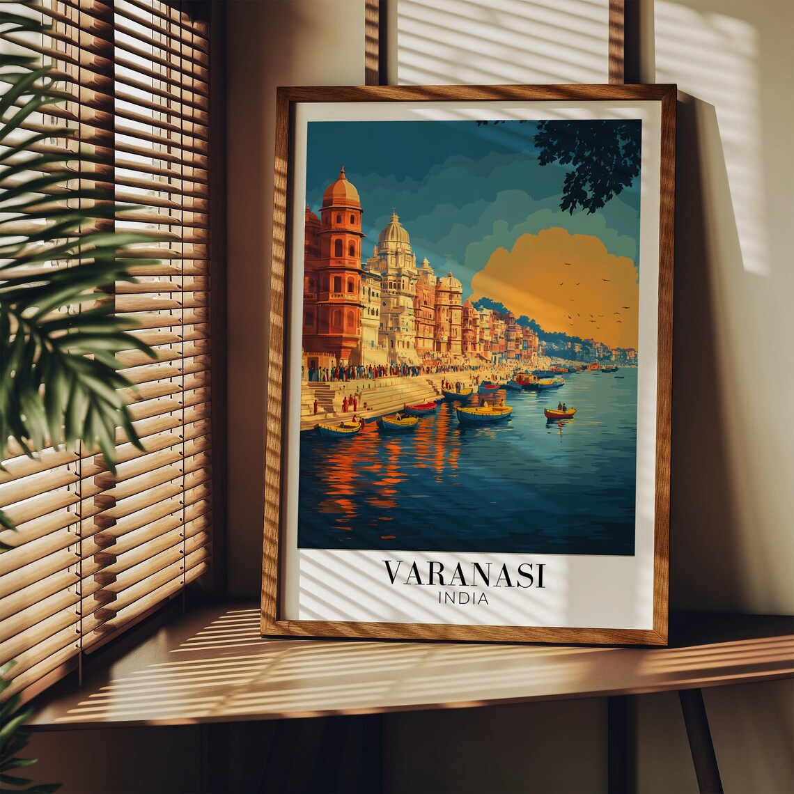 Varanasi India Golden Sunset Ghats Riverside Vintage Travel Poster - Image 3