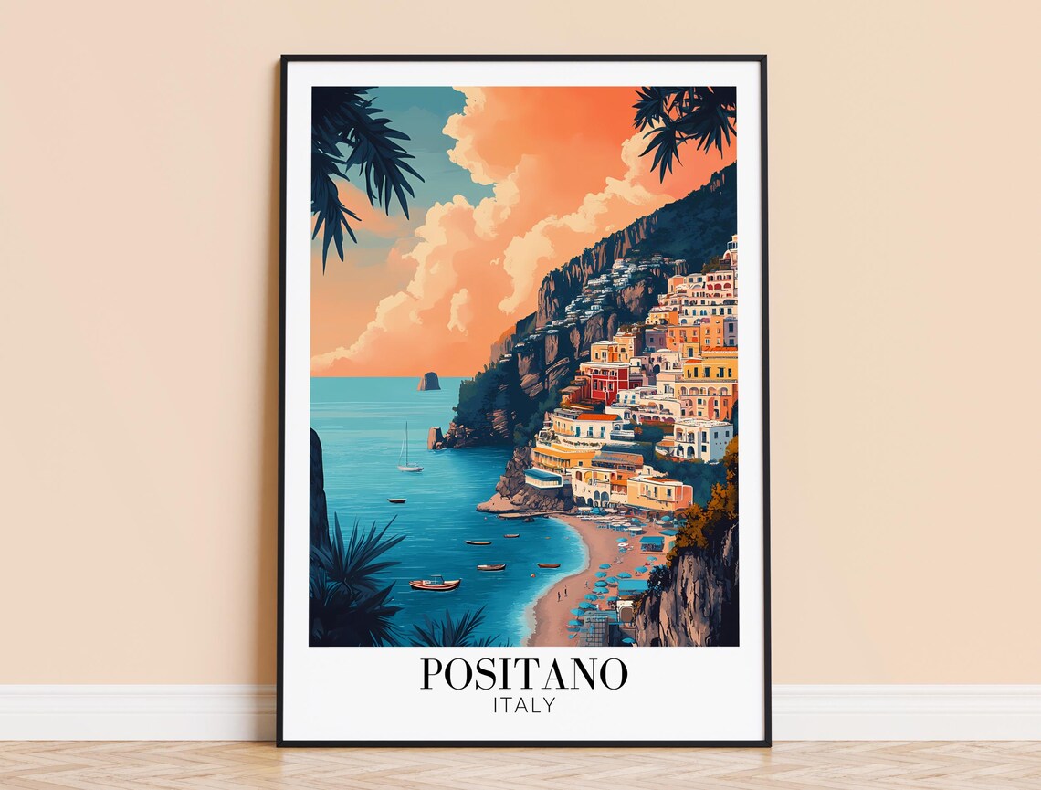 Positano Cliffside Town Amalfi Coast Golden Sunset Travel Poster