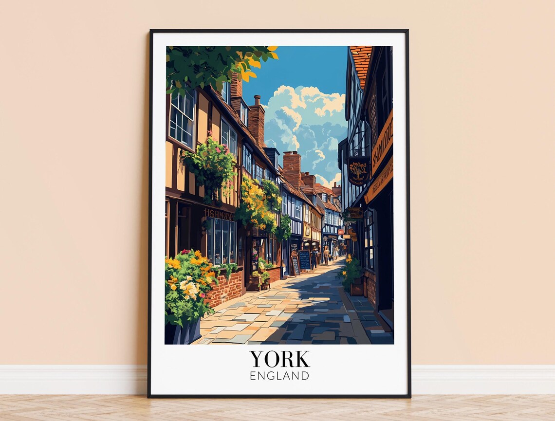 York England Historic Shambles Cobbled Street Shops Travel Poster