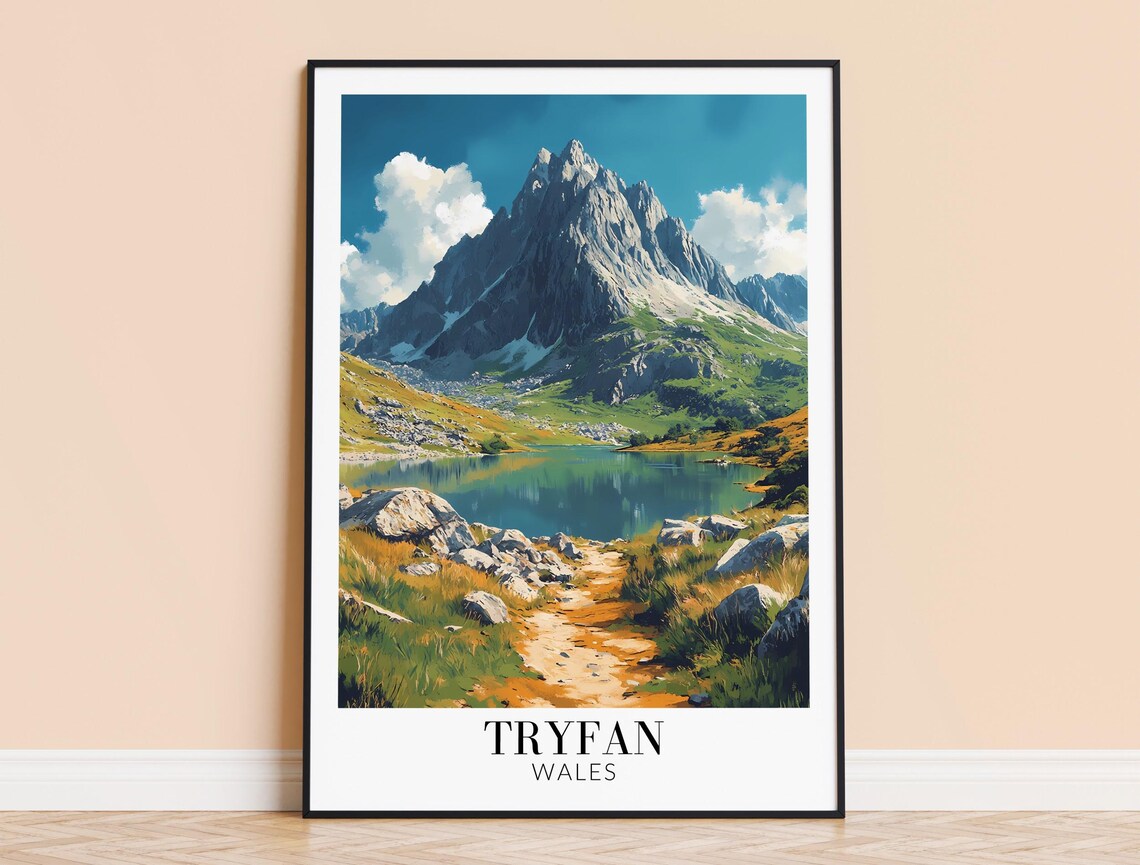 Tryfan Wales Dramatic Mountain Peak Alpine Lake Hiking Travel Poster