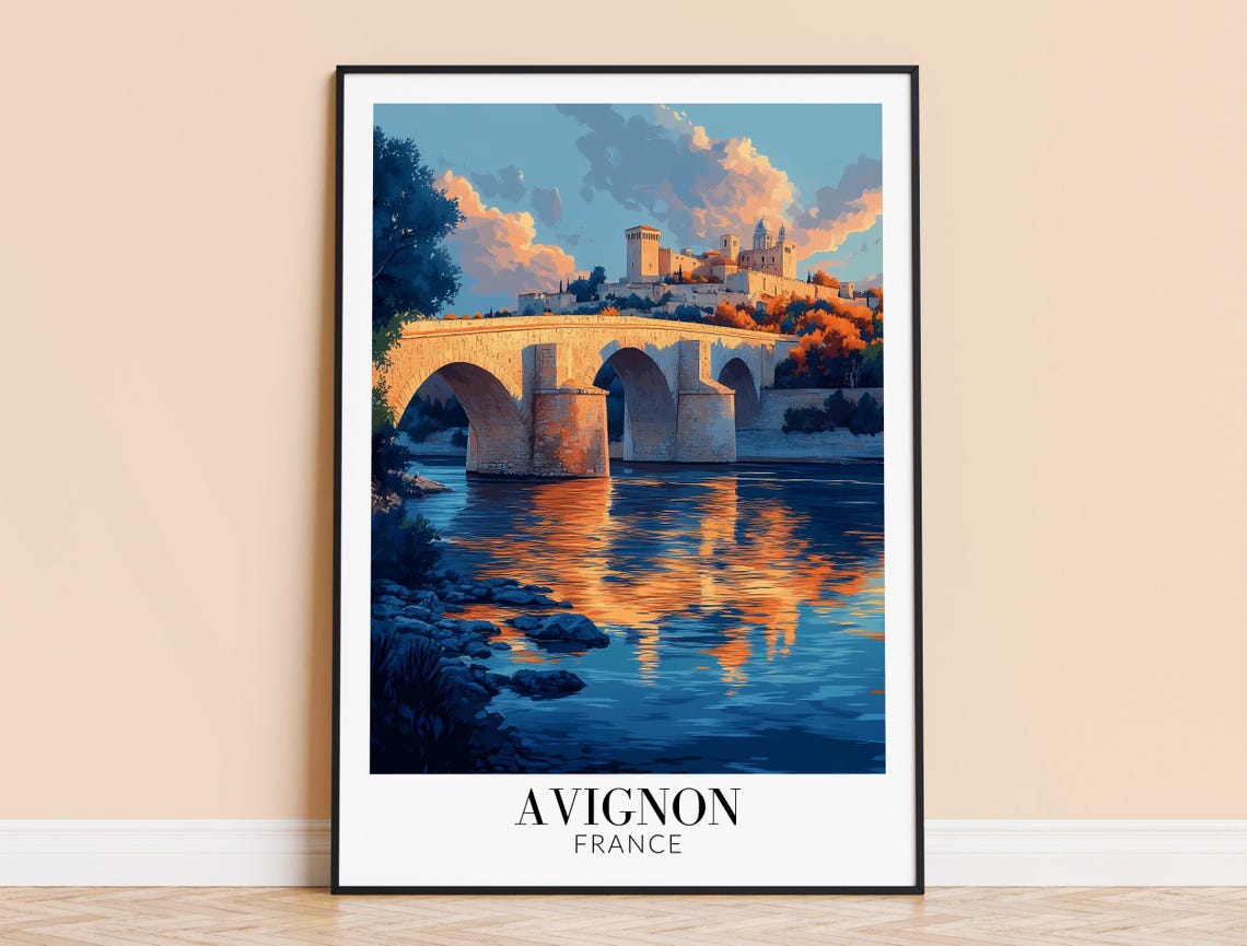 Avignon France Romantic Sunset Bridge River Walled City Poster
