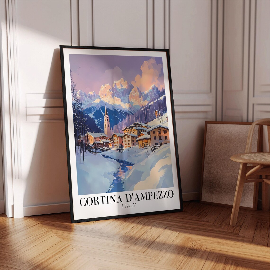 Cortina DAmpezzo Italy Snowy Town Bell Tower at Dusk Travel Poster - Image 4