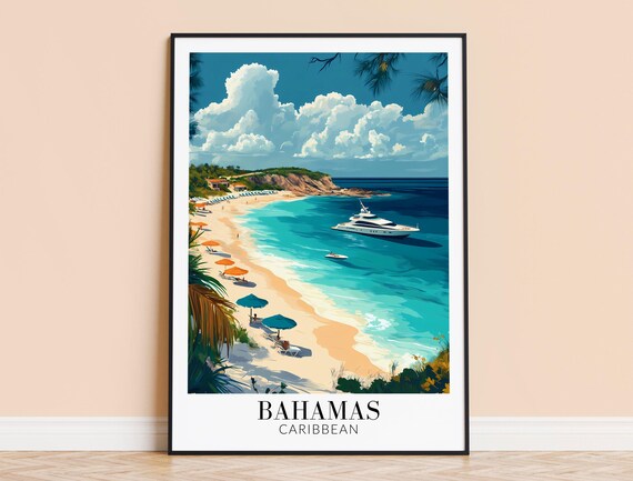 Sunny Bahamas Caribbean Beach Yacht Turquoise Water Travel Poster