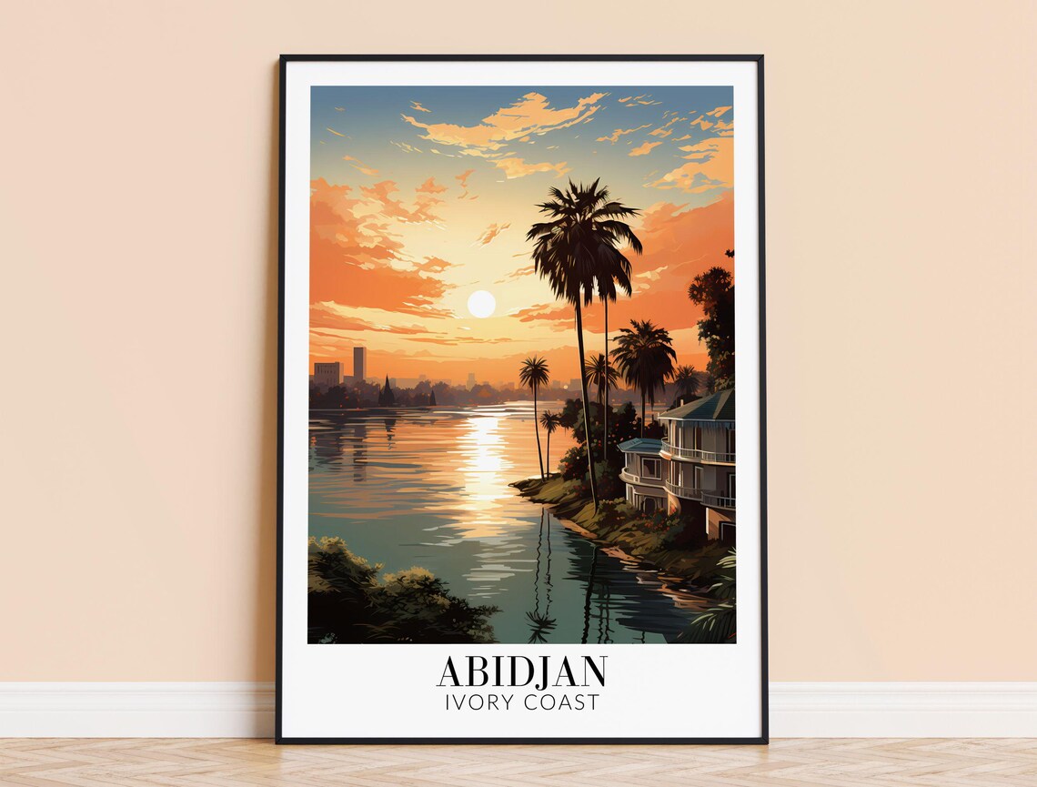 Abidjan Ivory Coast Sunset Lagoon Palms Riverside Travel Poster