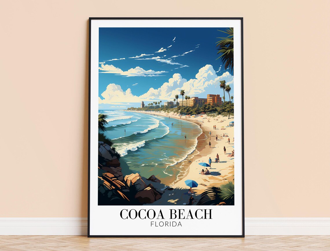 Cocoa Beach Florida Vintage Beach Illustration Summer Travel Poster