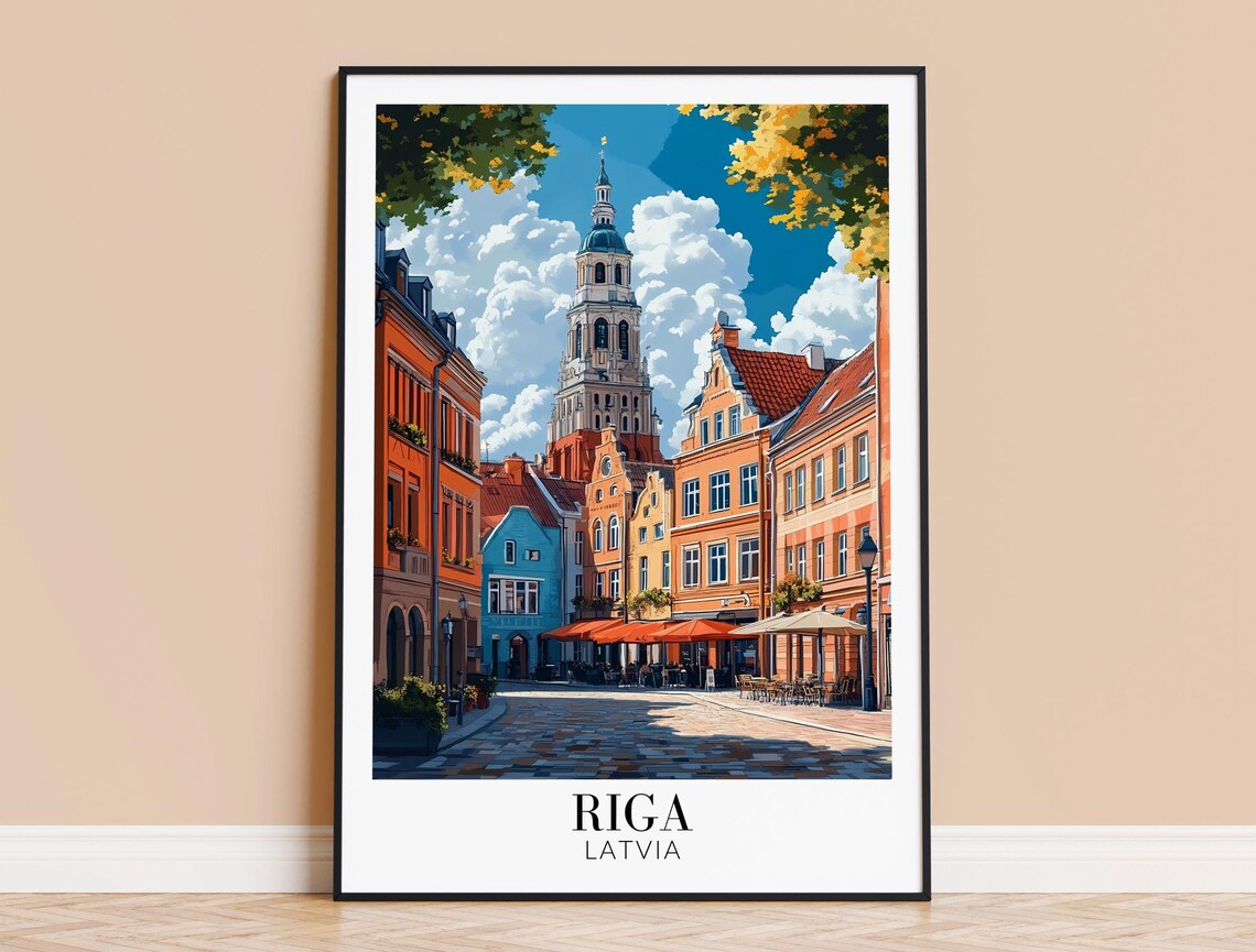 Sunny Riga Latvia Old Town Cobblestone Street Cafe Travel Poster