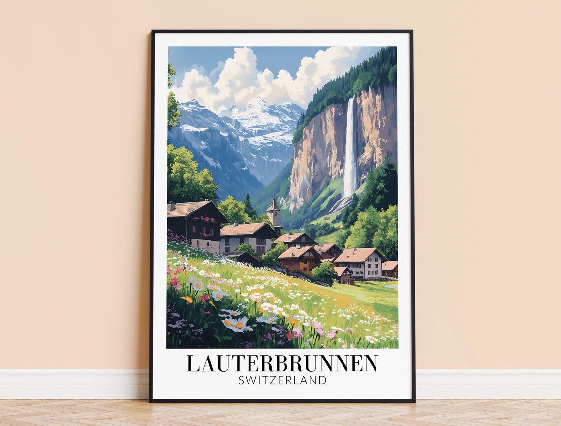 Lauterbrunnen Switzerland Waterfall Village Spring Travel Poster