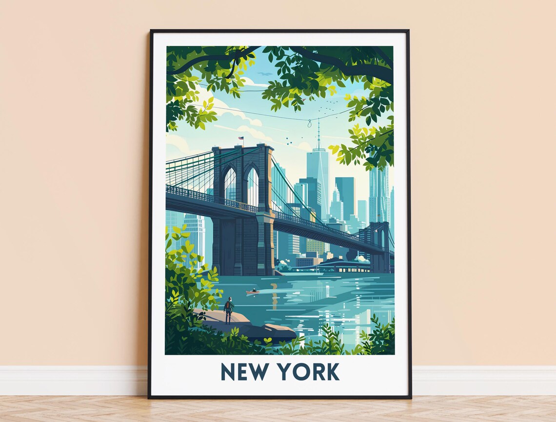 New York Brooklyn Bridge Skyline Riverside Summer Travel Poster