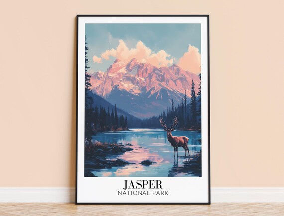 Jasper National Park Elk Standing In Mountain Lake Travel Poster