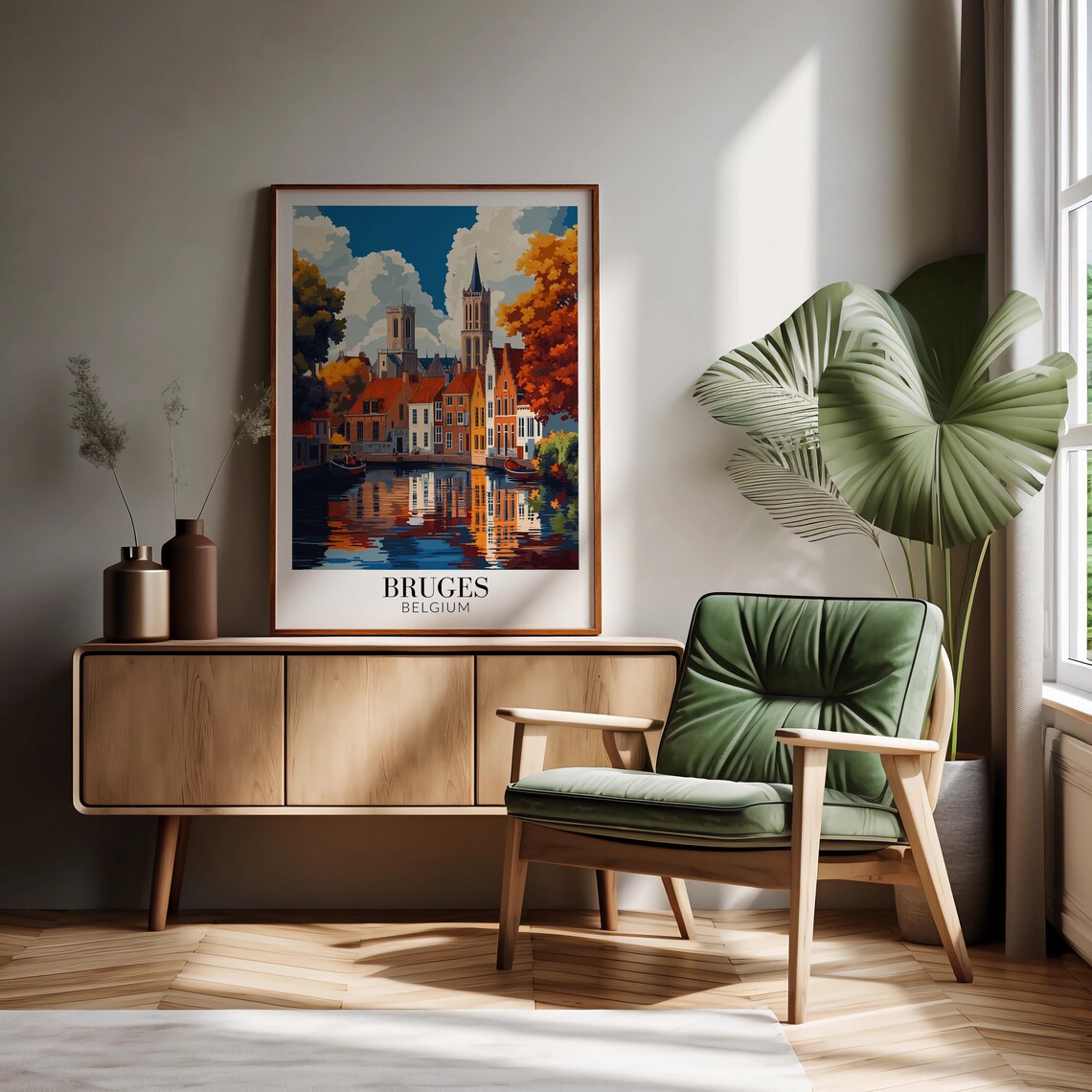 Bruges Belgium Autumn Canal Church Towers Golden Foliage Travel Poster - Image 2