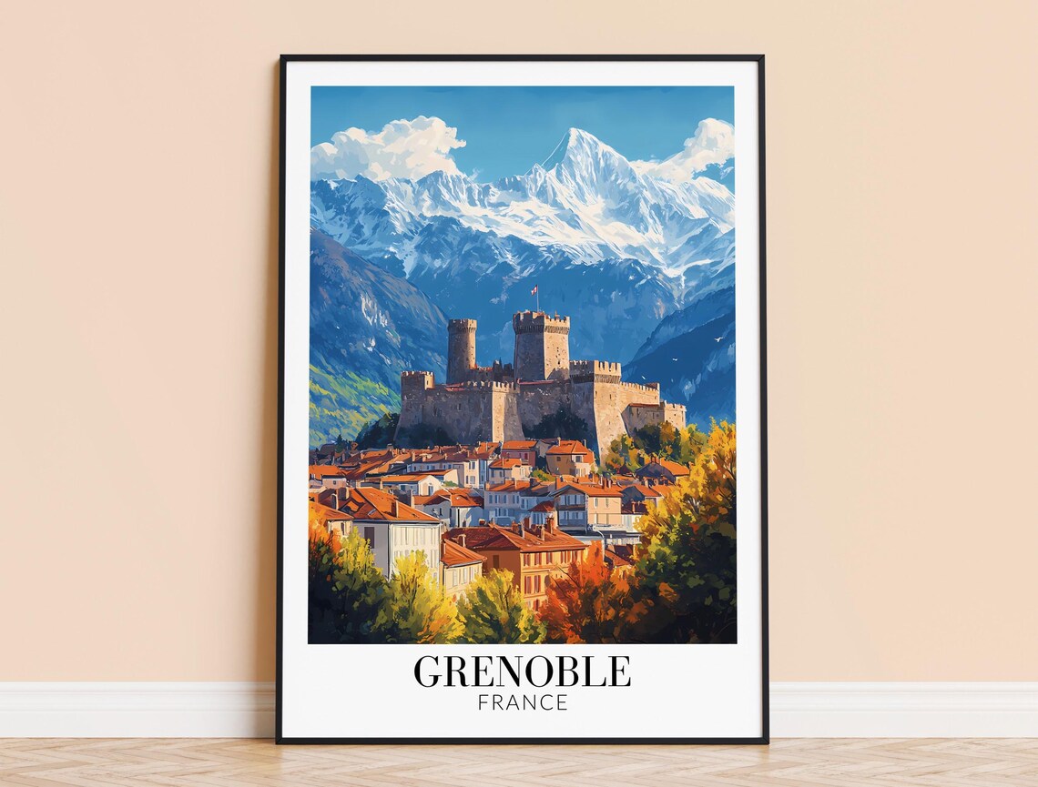 Grenoble France Castle Above Old Town Beneath Snowy Peaks Poster