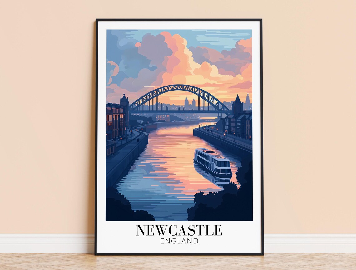 Newcastle England Tyne Bridge Dusk Riverboat Evening Travel Poster