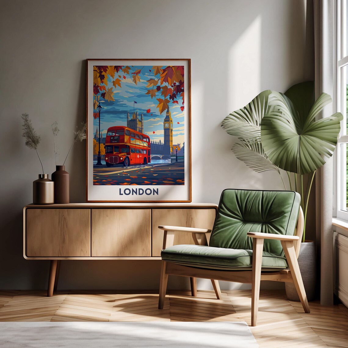 London Red Double Decker Bus Big Ben Autumn Leaves Street Poster - Image 4