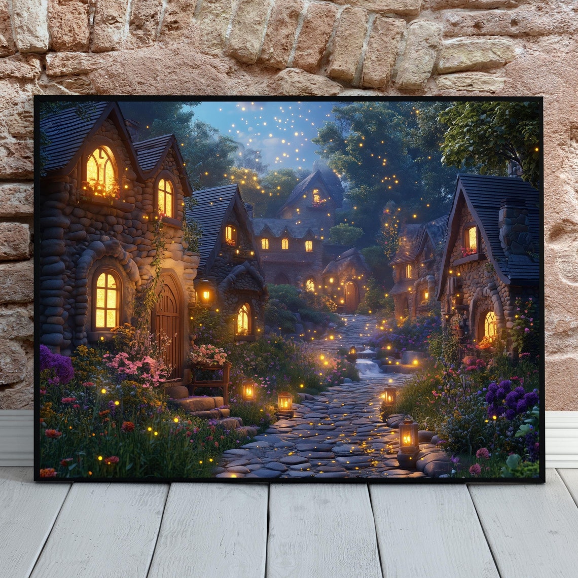 Stone Cottage Village Lantern Lit Cobblestone Path Twilight Poster