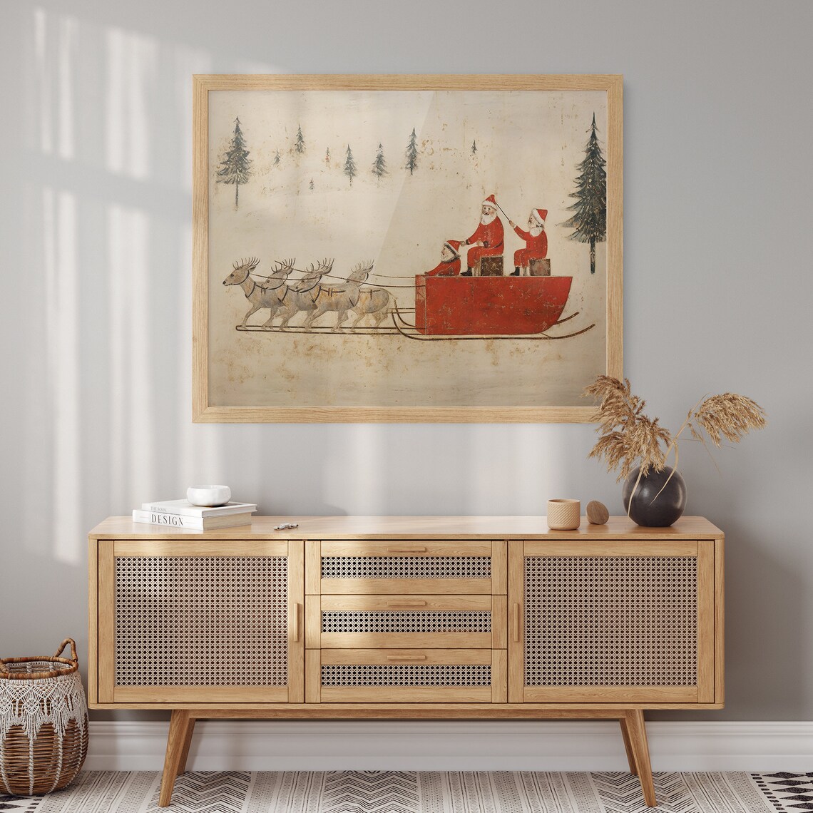 Santa and His Helpers Riding Red Reindeer Sleigh Vintage Folk Art Poster - Image 2