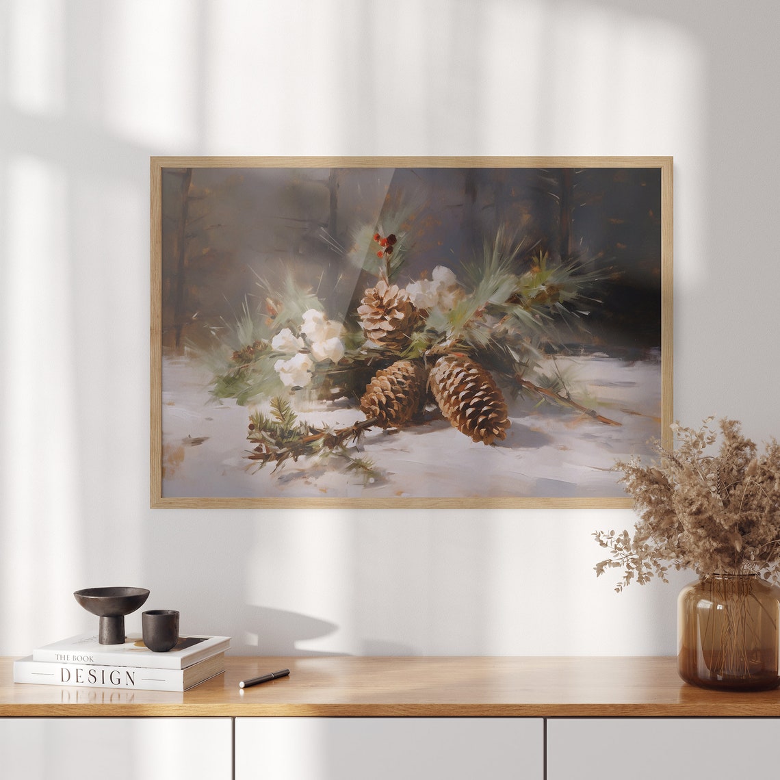 Pinecones Cotton and Frosted Branches in Snow Winter Still Life Poster - Image 3