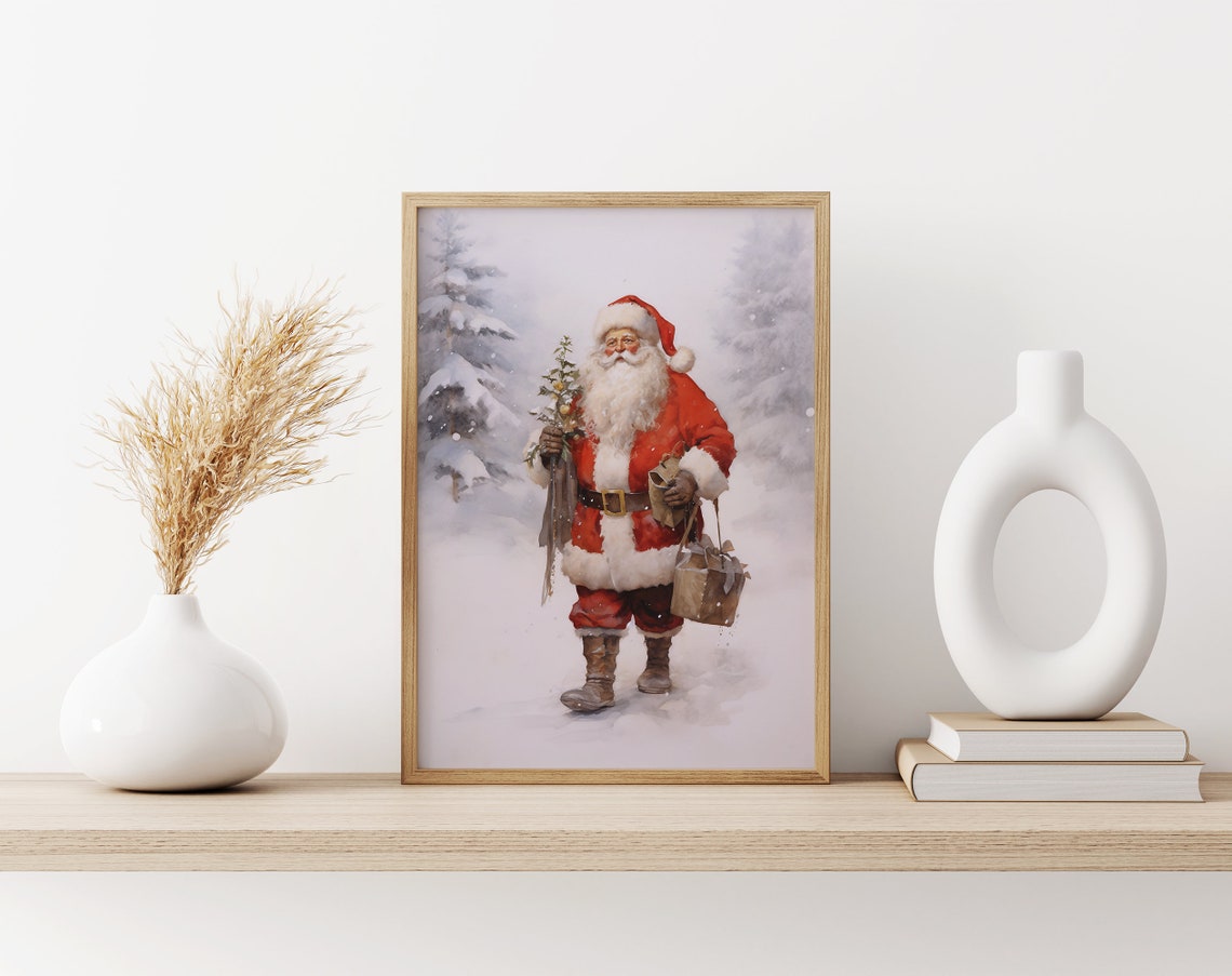 Santa Claus Carrying a Small Tree and Gift Bag Through Snow Poster - Image 3