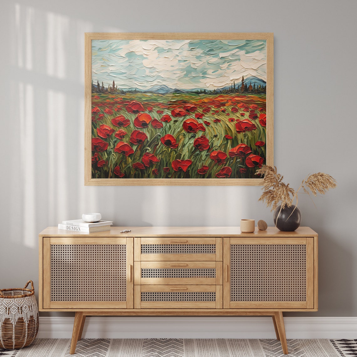 Red Poppies Impasto Field Mountain Landscape Textured Art Poster - Image 2
