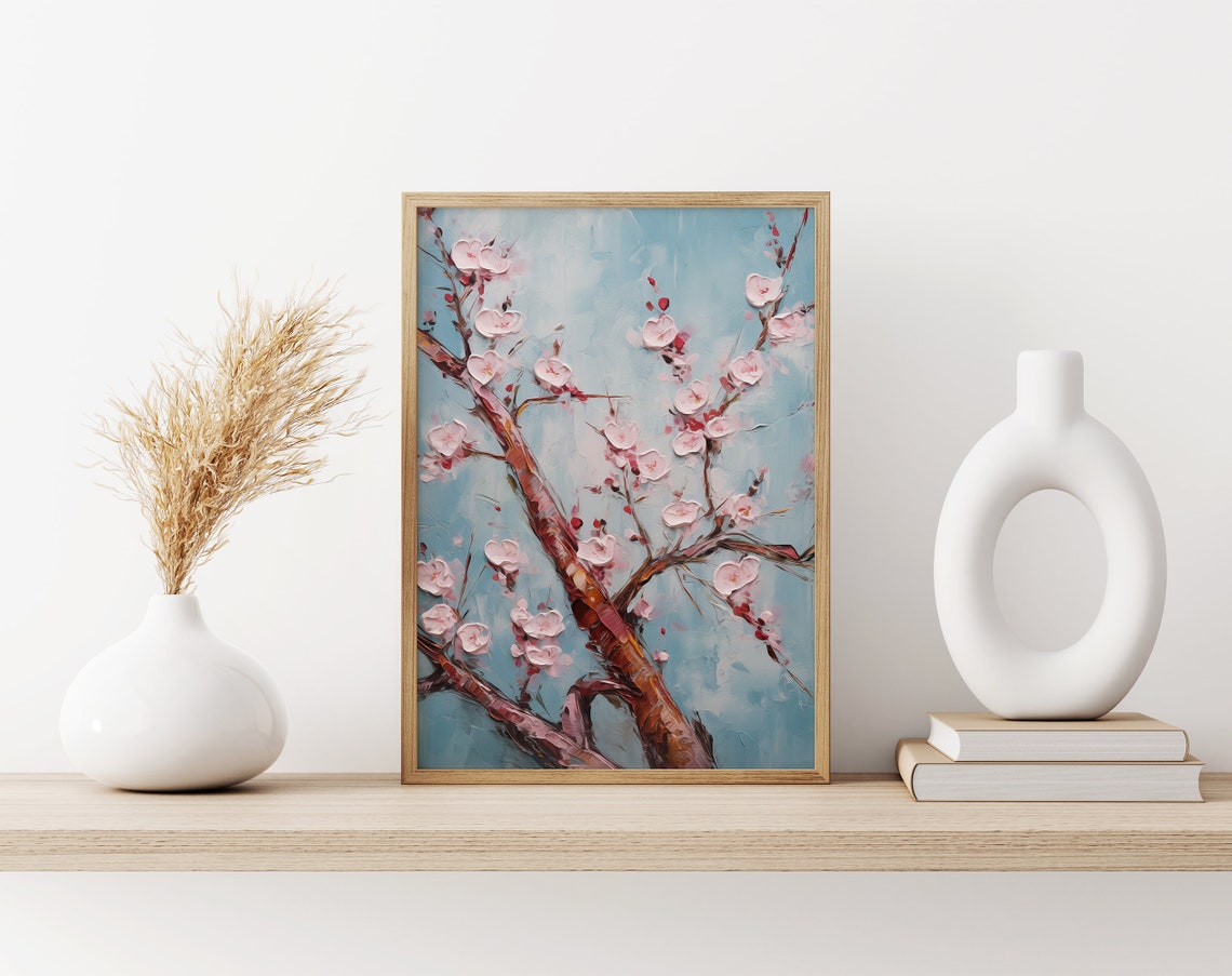 Pink Cherry Blossom Branches Oil Painting on Blue Sky Poster - Image 3