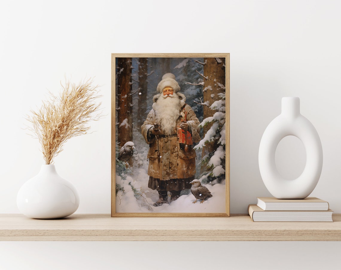 Santa Claus Standing in Snowy Pine Forest Vintage Christmas Poster - Image 3