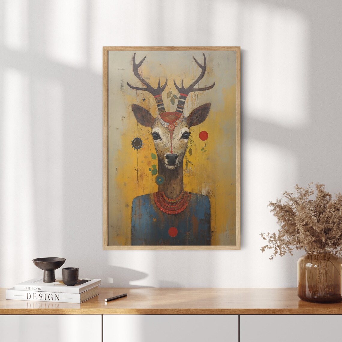 Folk Art Deer Portrait with Tribal Markings and Red Beaded Necklace Poster - Image 2