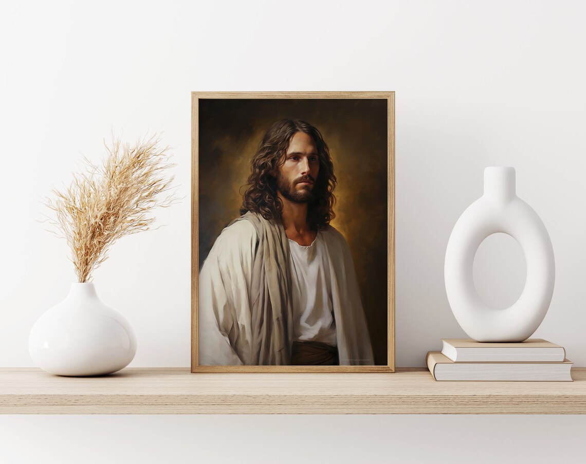 Jesus Christ Three Quarter Portrait Golden Background Oil Painting Poster - Image 3