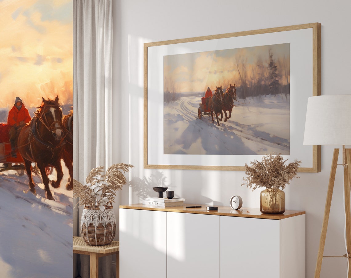 Two Horses Pulling Wagon on Snow Covered Road at Golden Sunset Poster - Image 2