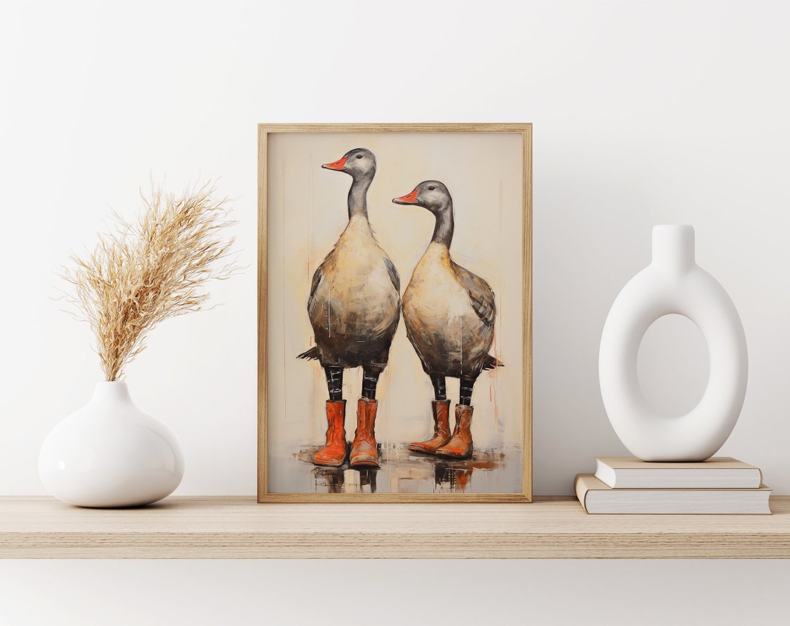 Pair of Standing Geese Wearing Red Cowboy Boots Portrait Poster - Image 3