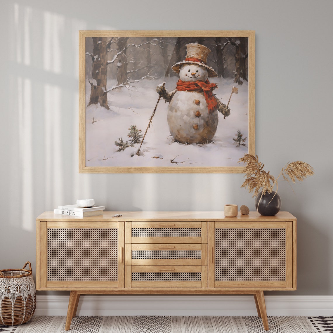 Cheerful Snowman Hiking with Walking Sticks in the Snow Poster - Image 2