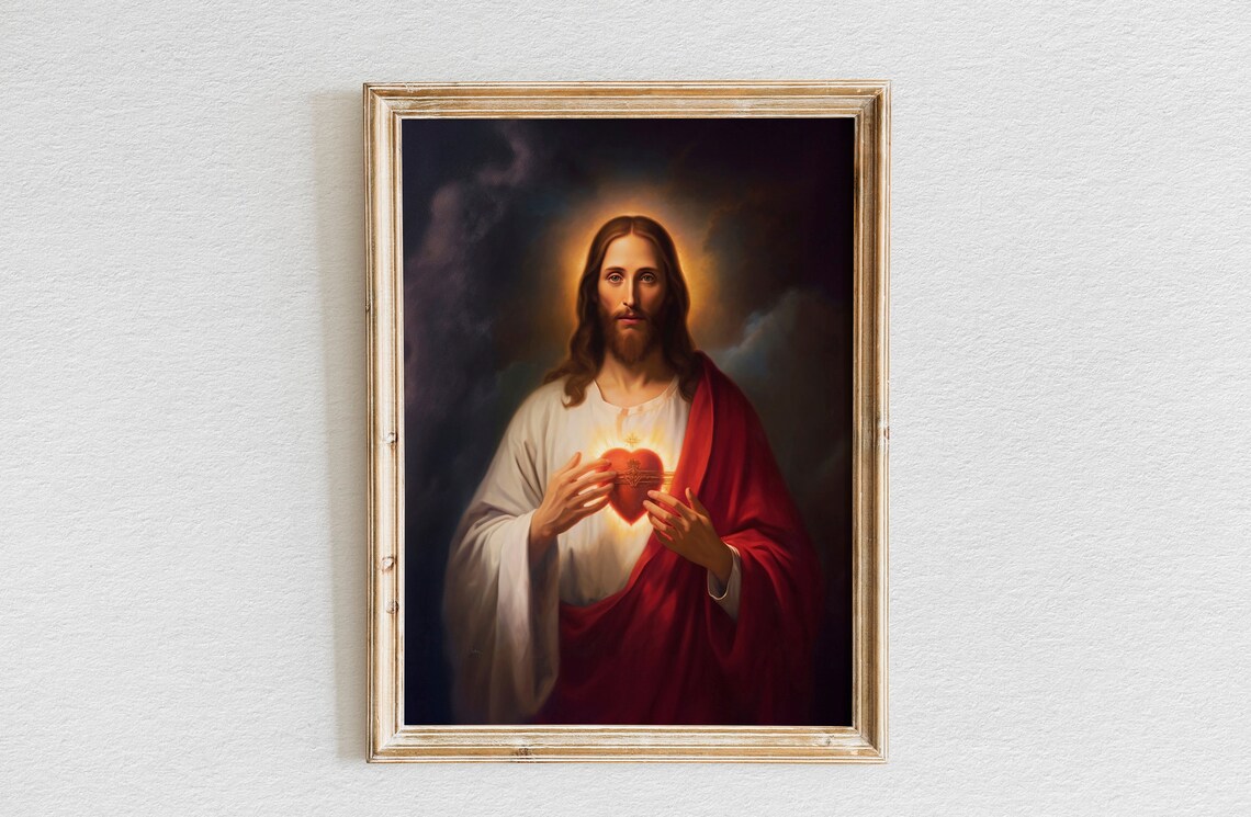 Sacred Heart of Jesus Glowing Heart Catholic Devotional Art Poster