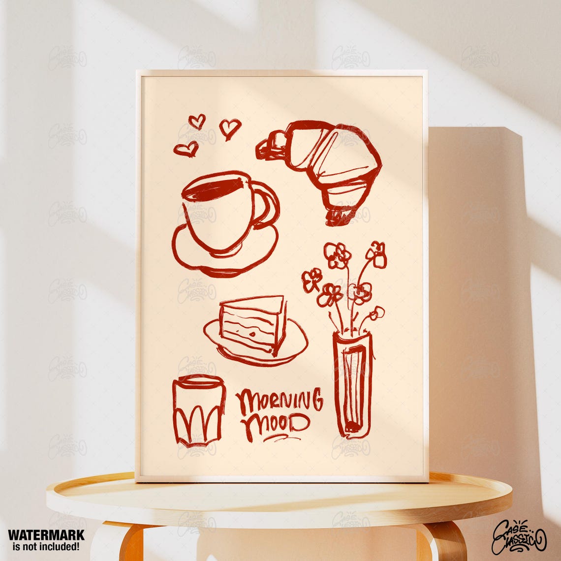 Morning Mood Red Line Coffee Croissant Kitchen Doodle Poster
