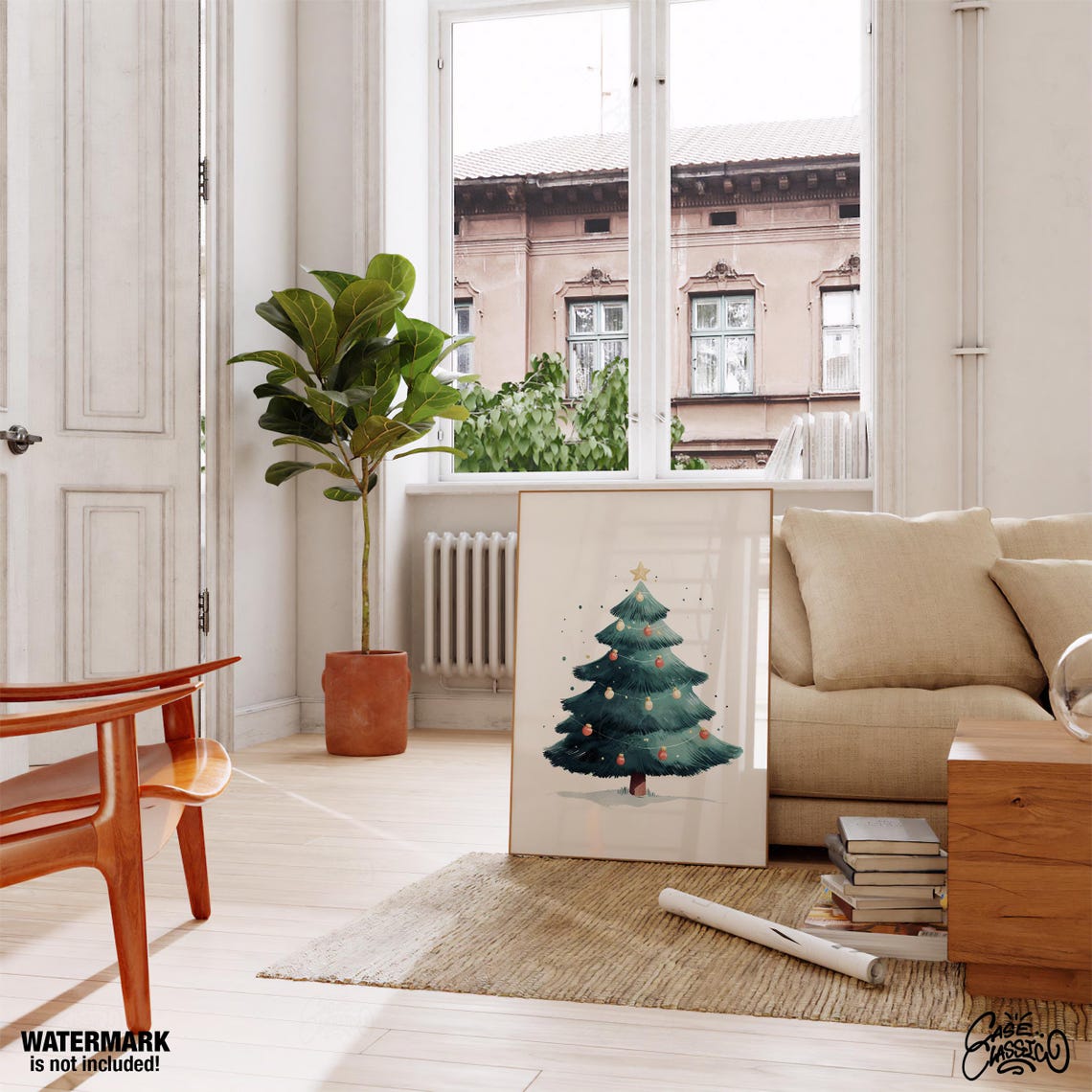 Teal Watercolor Christmas Tree with Red Ornaments Elegant Poster - Image 3