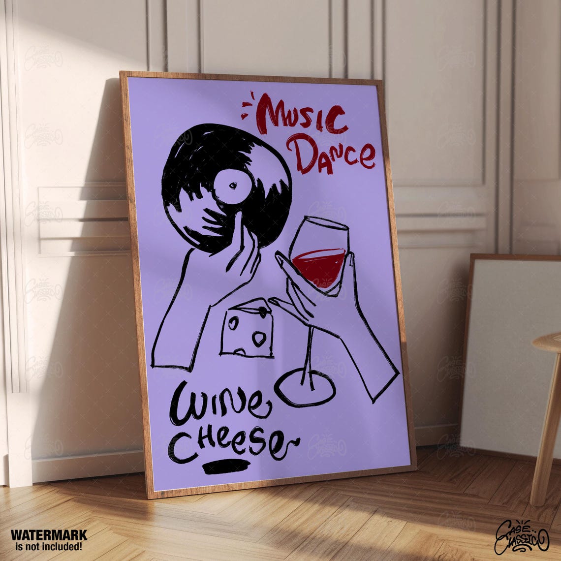 Music Dance Wine Cheese Lavender Illustrated Bar Scene Poster - Image 4