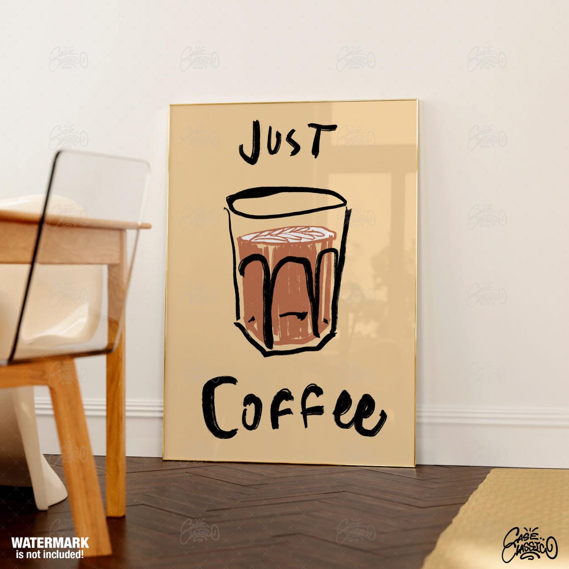 Just Coffee Iced Drink Black Ink Minimalist Cafe Kitchen Poster