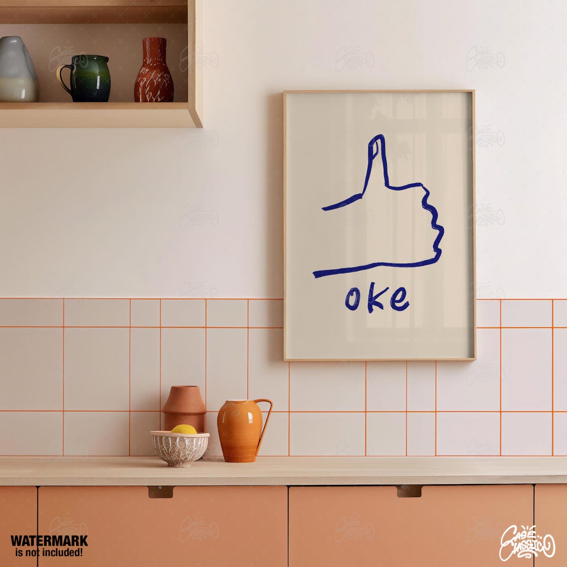 Oke Blue Minimalist Line Art Thumbs Up Hand Drawn Funny Wall Art - Image 2