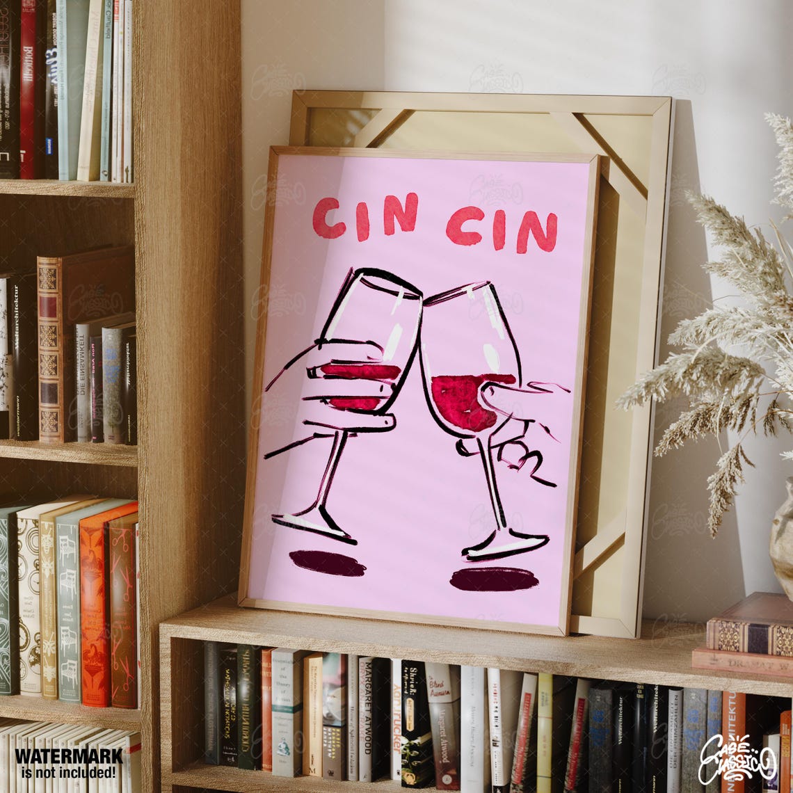 Cin Cin Wine Glasses Clinking Illustrated Toast Pink Wall Poster - Image 2