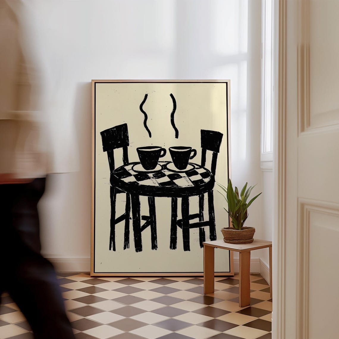 Two Steaming Coffee Cups Checkered Cafe Table Minimalist Ink Poster - Image 3
