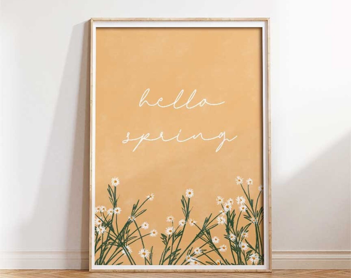 Hello Spring Script with White Daisies Mustard Yellow Seasonal Art Poster