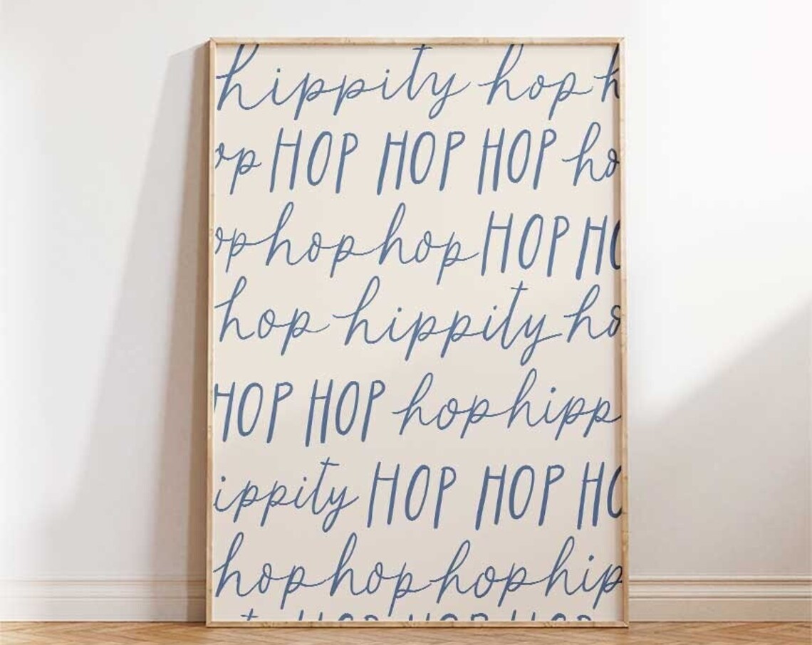 Hippity Hop Navy Blue Script Easter Typography Pattern Decorative Poster