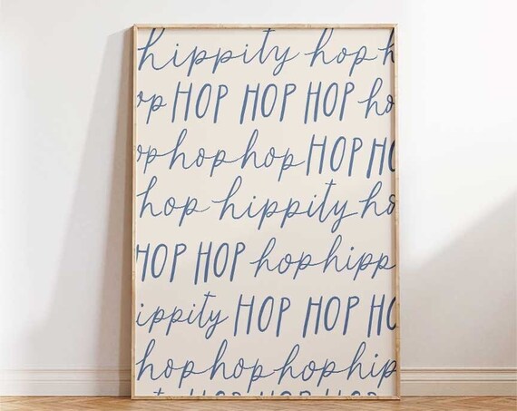 Hippity Hop Navy Blue Script Easter Typography Pattern Decorative Poster