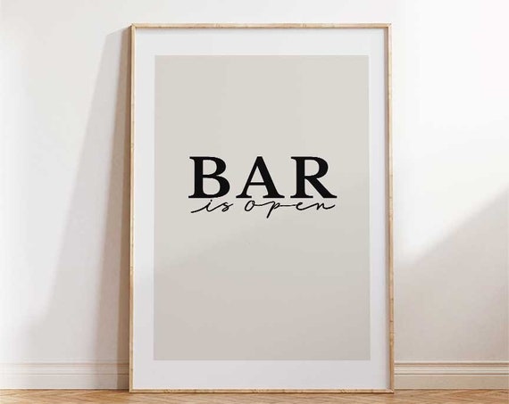 Bar Cart Art Print Is Open Black And White Decor Vintage Retro Wall Minimalist