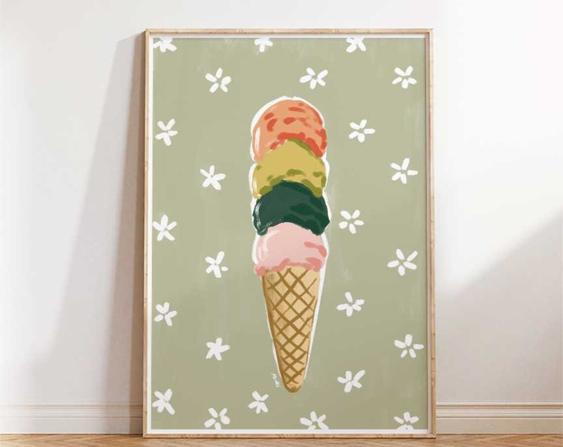 Whimsical Ice Cream Cone Art Print, Pastel Summer