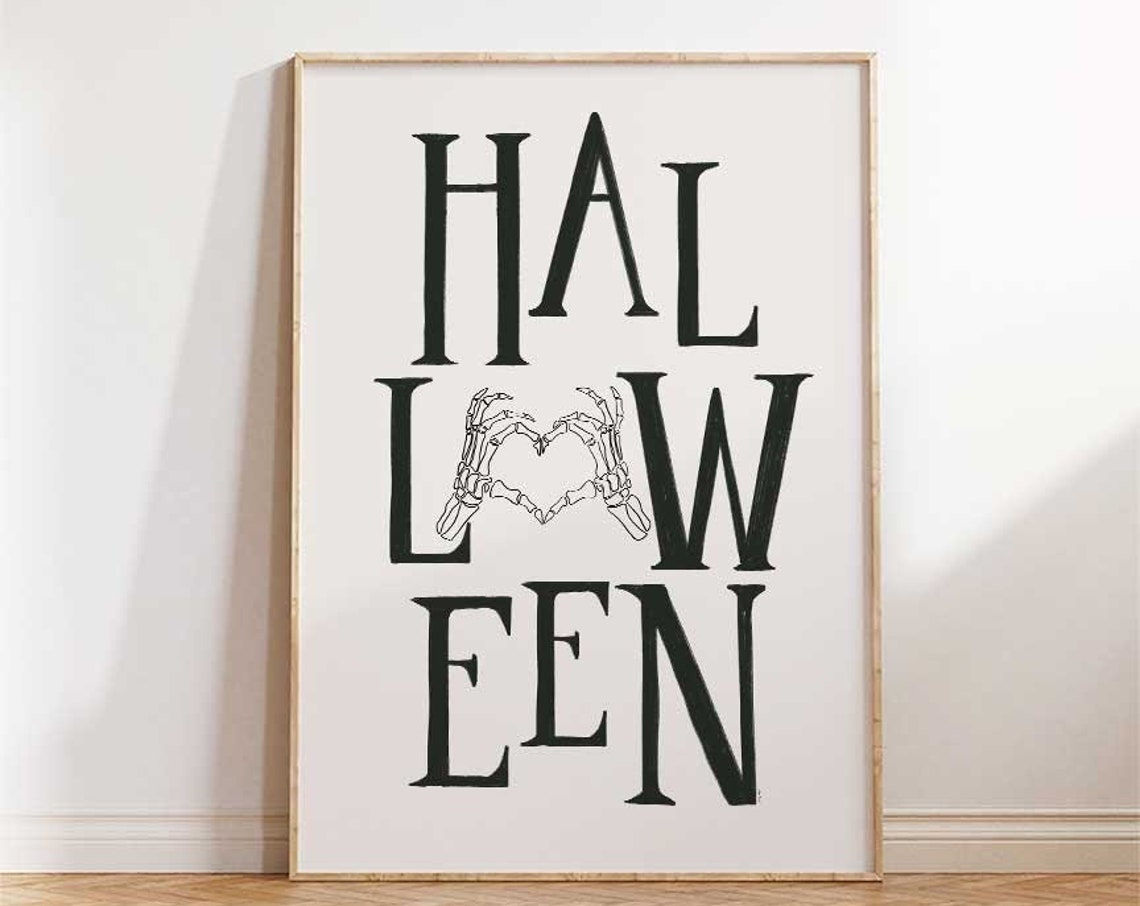 Gothic Halloween Skeleton Hands Forming Heart Typography Wall Art