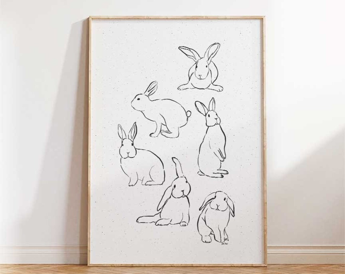 Elegant Rabbit Sketches Minimalist Ink Line Art Bunny Drawing Poster