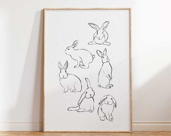 Elegant Rabbit Sketches Minimalist Ink Line Art Bunny Drawing Poster