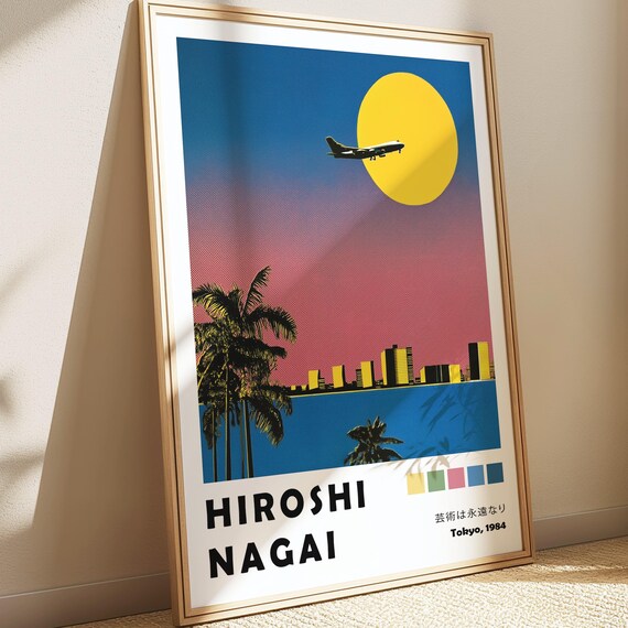 Plane At Sunset Hiroshi Nagai Poster Synthwave Exhibition Art Pixel 80s City Pop Print Japandi Wall Decor Wabi Sabi Wallpaper