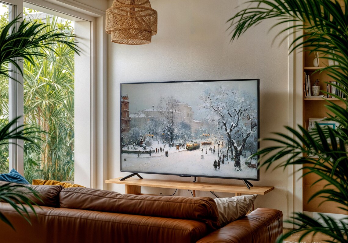 Vintage Snowy Tram Winter City Square Painting Nostalgic Snow Art Poster