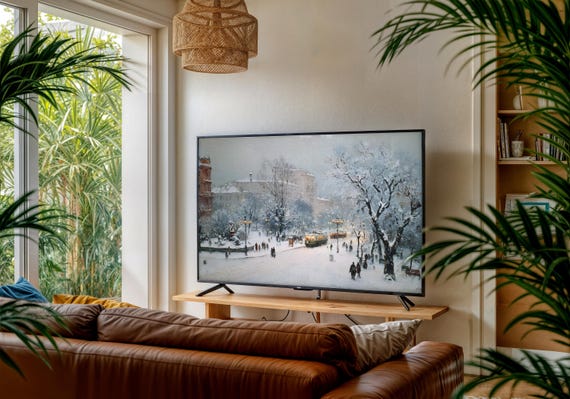 Nostalgic Winter Frame Tv Art Vintage Snowy Tram Painting European City Christmas Moody Impressionist Street Wonderland
